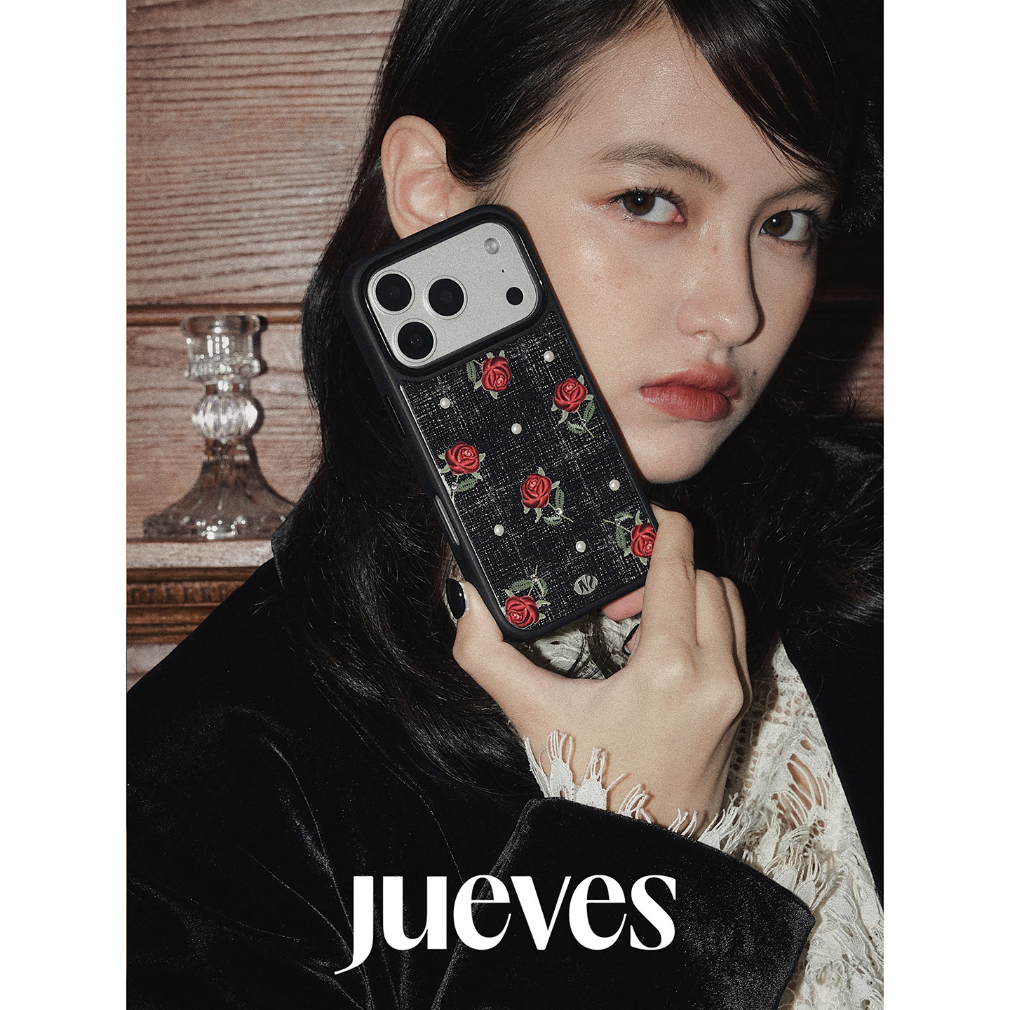 JUEVES星期四“古董市集”珠光玫瑰珍珠钻石壳苹果17pro手机壳适用华为p70pro软壳16promax硅胶15pro女mate60