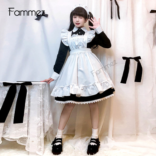 日系萝莉塔女仆连衣裙cosplay黑色可爱动漫传统大码女佣制服套装