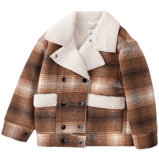 艾艾屋童装女童翻领格纹羊羔绒夹克衫潮流冬季新款绵羊毛呢子外套