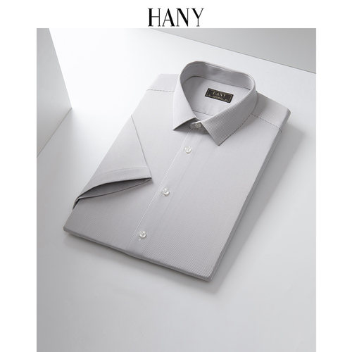 HANY汉尼易打理灰条纹短袖衬衫男