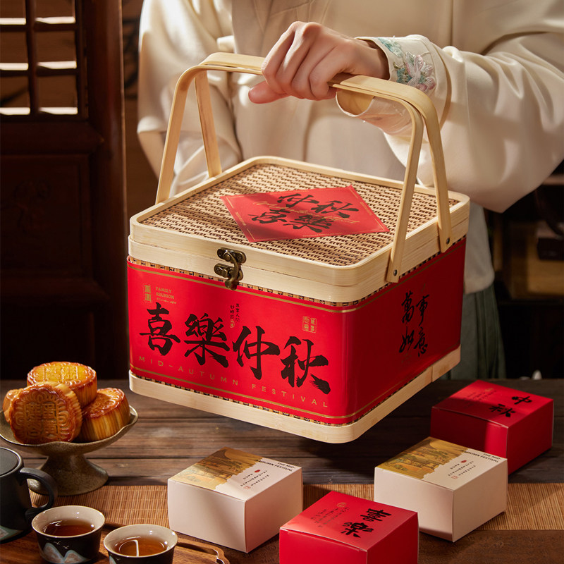 2026月饼包装盒中秋节礼物盒竹编手提盒子竹篮礼品盒批发礼盒空盒图片