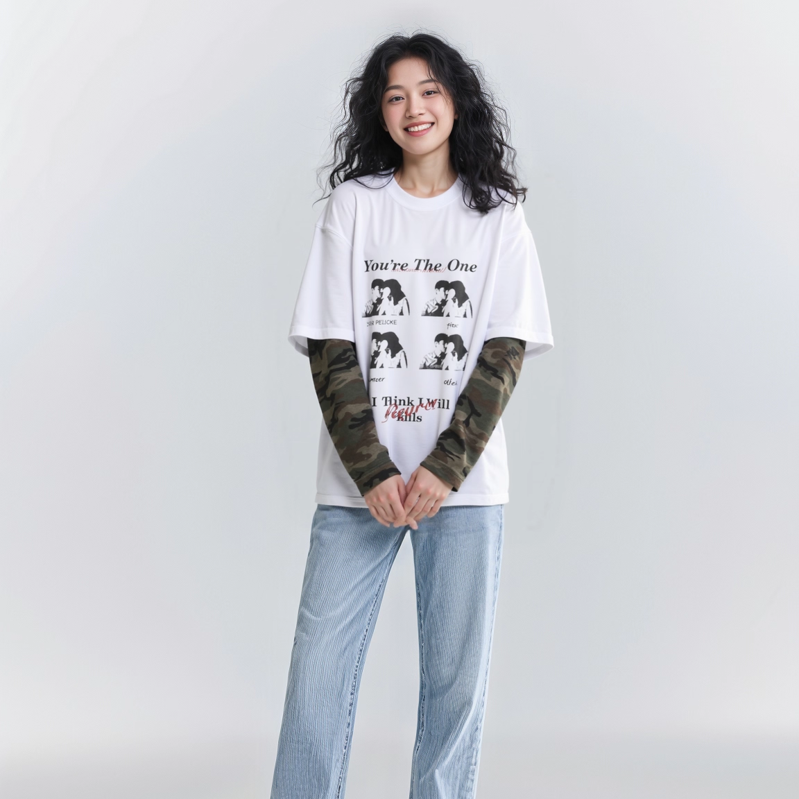 GE 美式潮牌假两件迷彩拼接人物印花圆领卫衣男女宽松百搭上衣