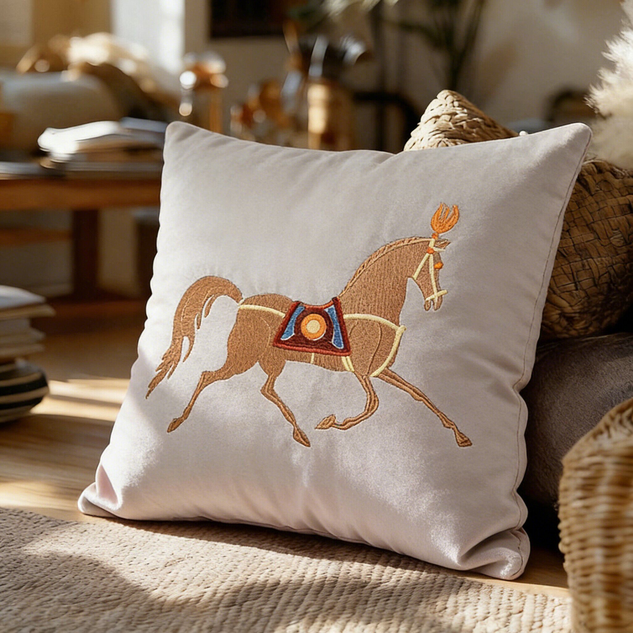 欧式马匹刺绣抱枕方枕客厅卧室靠垫橙色方形简约定制可拆洗马图案
