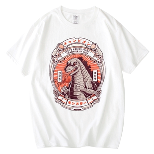 红韩日系手绘复古风小怪兽奥特曼纯棉短袖大码宽松透气重磅棉体恤