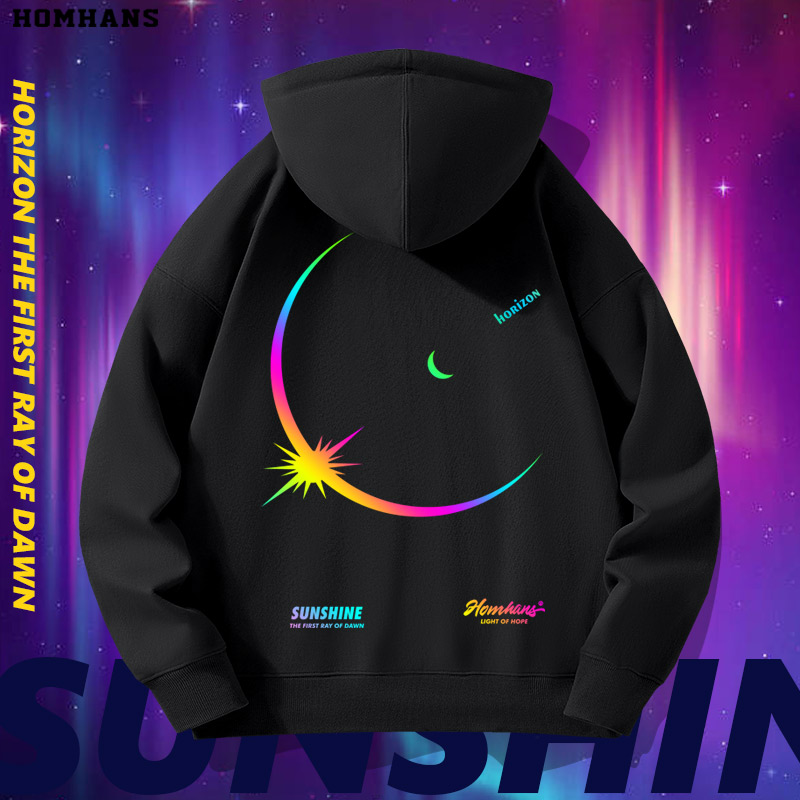 国潮新款反光印花地平线简约太空创意连帽卫衣棉男女宽松厚薄可选