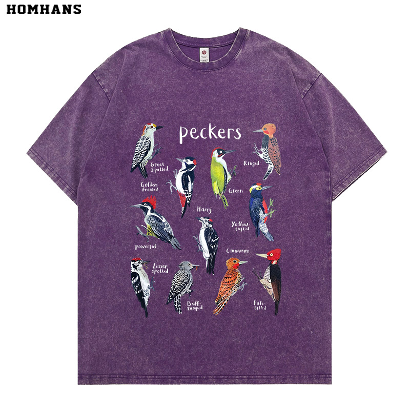啄木鸟图鉴短袖T恤个性复古水洗做旧宽松纯棉男女通款鸟类科普夏