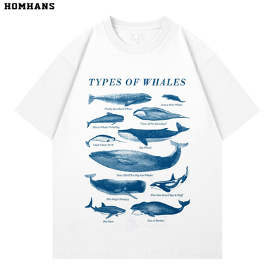 鲸鱼美式复古印花短袖精梳纯棉T