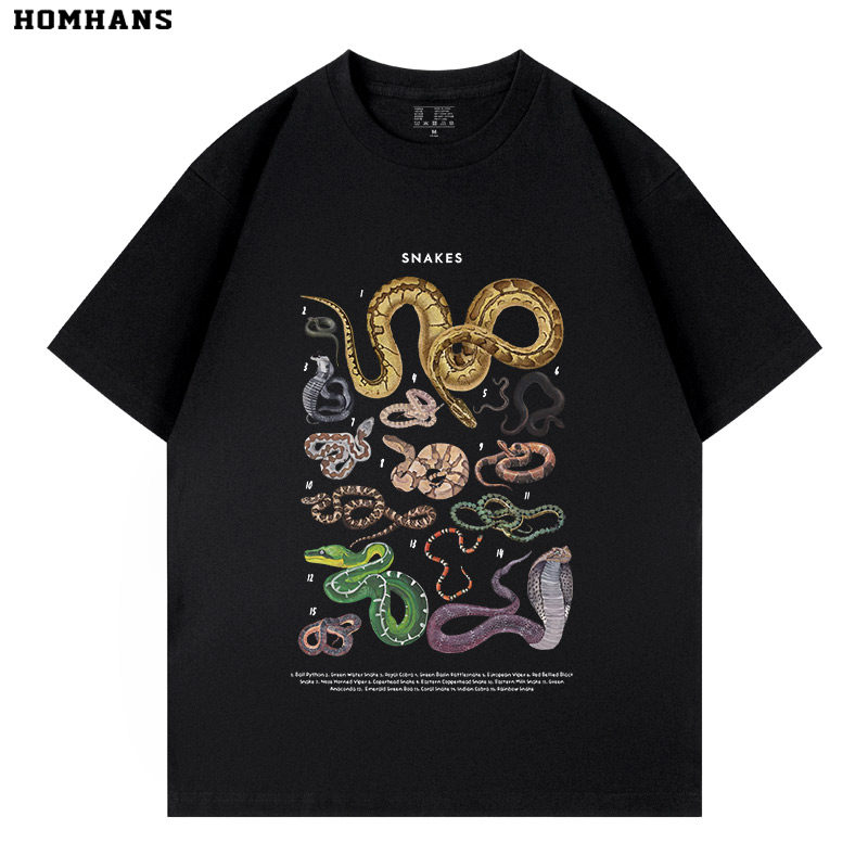 蛇类合集印花短袖T恤眼镜蛇蟒蛇响尾蛇个性爬行动物科普夏装纯棉