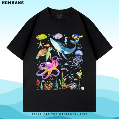 海洋世界珊瑚热带鱼印花短袖纯棉