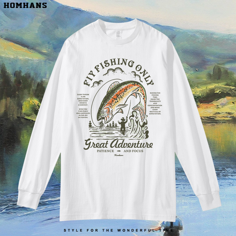 钓鱼人路亚精美印花T恤长袖春秋新款纯棉透气舒适送老公朋友礼物