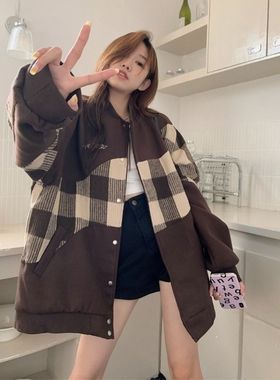 vintage美式拼接格子棒球服春秋新款宽松韩版学生百搭外套女潮ins
