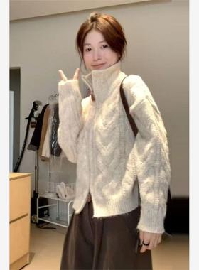 设计感开衫外套深秋初冬穿搭慵懒风高领毛衣加厚女2024新款双拉链