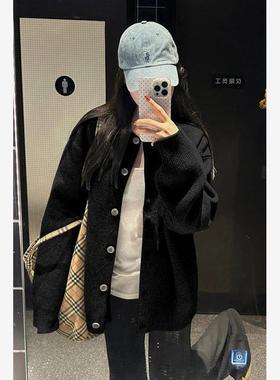 韩版加厚黑色圆领针织开衫女秋冬宽松慵懒高级感休闲气质毛衣外套
