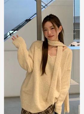 韩版休闲慵懒风2025秋冬新款上衣时尚宽松百搭显毛衣围巾针织衫潮