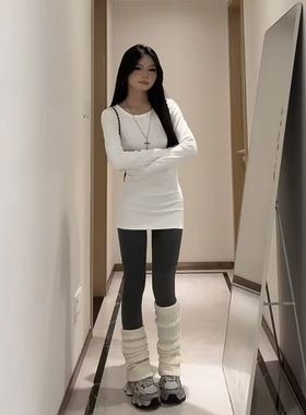 莫代尔正肩长袖T恤女春秋修身百搭简约打底衫中长款收腰内搭上衣