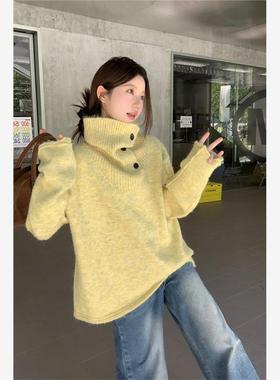 慵懒风黄色大翻领加厚套头针织衫秋冬款百搭洋气韩版毛衣高领外套
