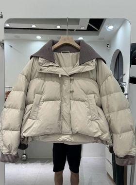 2025冬季新款针织翻领韩系短款简约时尚小个子白鸭绒羽绒服外套女
