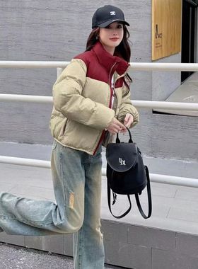 肯豆风拼色立领羽绒服女短款2025冬新款小众爆款小个子面包服外套