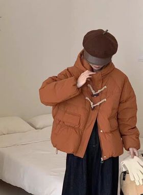 羽绒服韩版短款小个子加厚宽松百搭鸭绒外套面包连帽冬季新款牛角