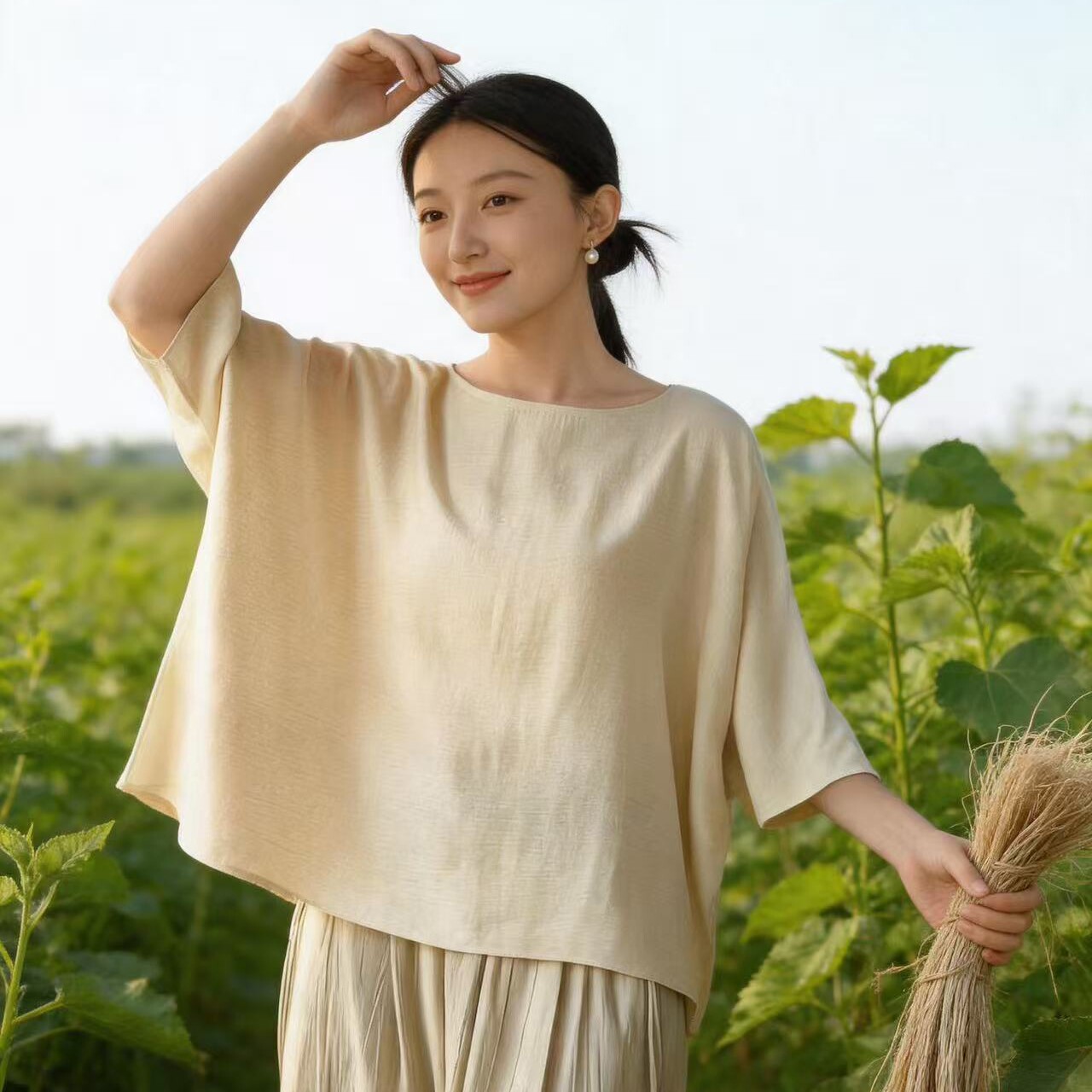 壹秋堂 女装2026夏季圆领七分袖上衣女高级感亚麻垂感t恤宽松显瘦