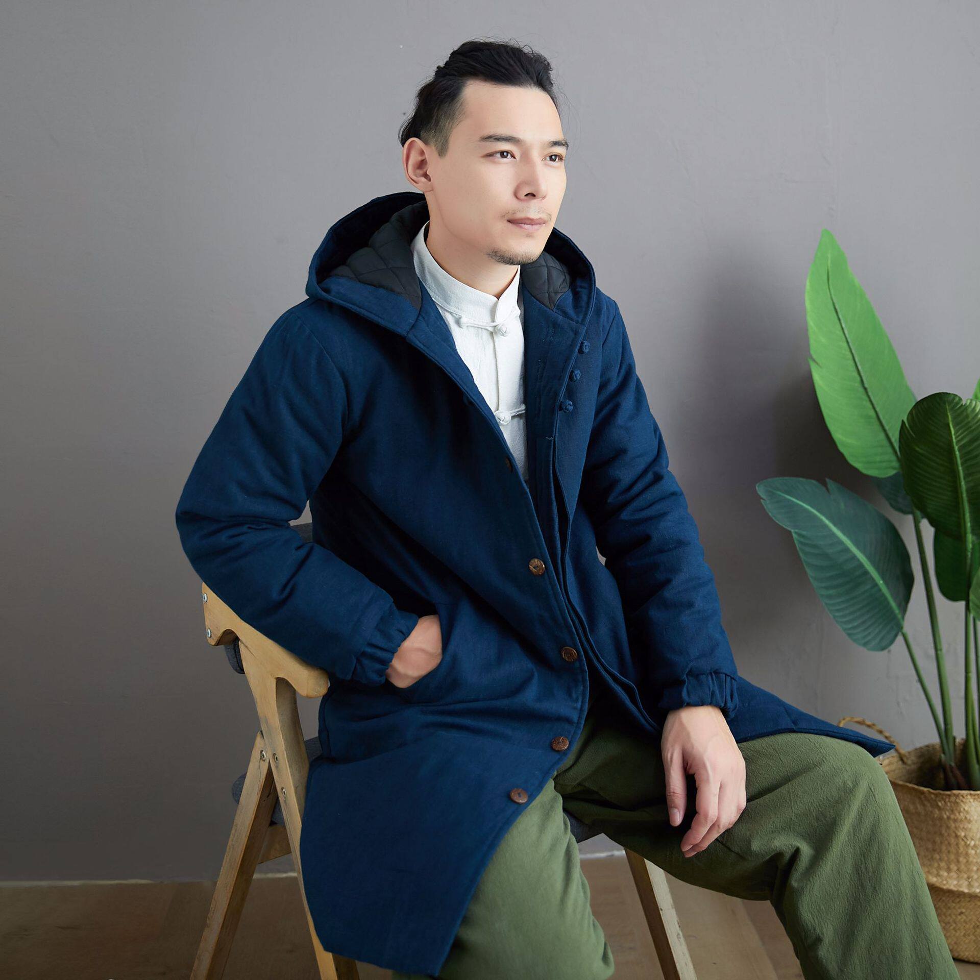壹秋堂 复古民族风带帽棉衣苎麻棉服休闲宽松款棉袄国风男式棉衣