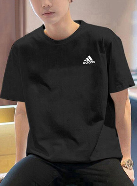 阿迪达斯纯棉短袖男2026春季新款运动体恤黑色圆领休闲T恤IC9282