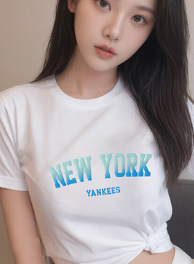 MLB白色短袖t恤女上衣2025冬季学院风短袖透气休闲半袖 3FTSV1443