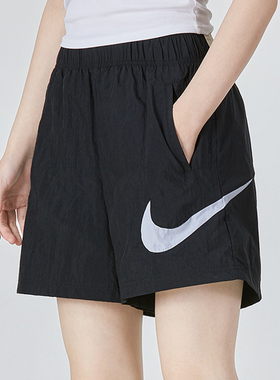 NIKE耐克短裤女裤大勾黑色休闲运动跑步梭织训练健身五分裤DM6740
