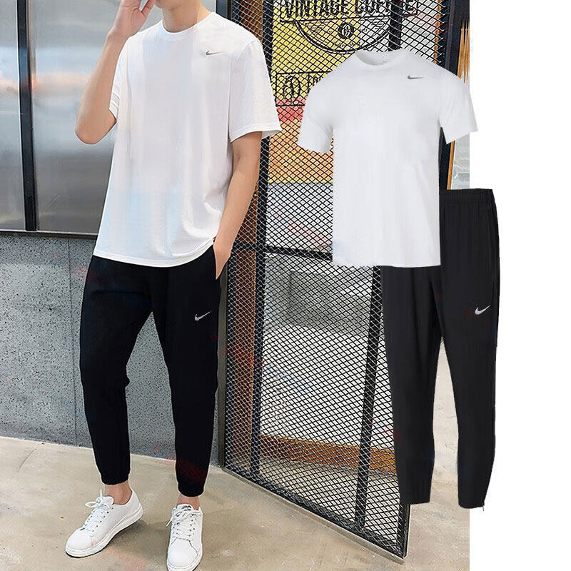 nike耐克男装速干白色短袖T恤收口长裤子跑步健身训练服运动套装