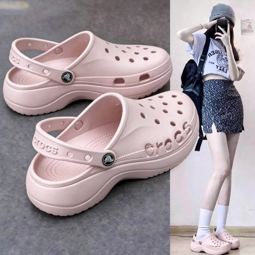 crocs卡骆驰夏女鞋贝雅云彩Clog厚底休闲凉鞋拖鞋粉色包头洞洞鞋