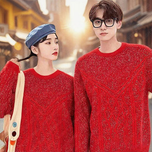 阿迪达斯三叶草新年款红色毛衣男装26春季运动圆领套头衫KT0693