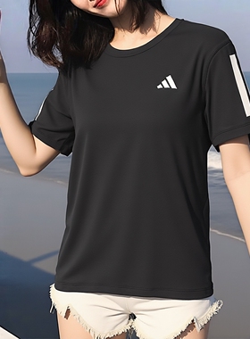 阿迪达斯短袖T恤女装黑色健身衣2026夏季新款跑步运动服KU8745