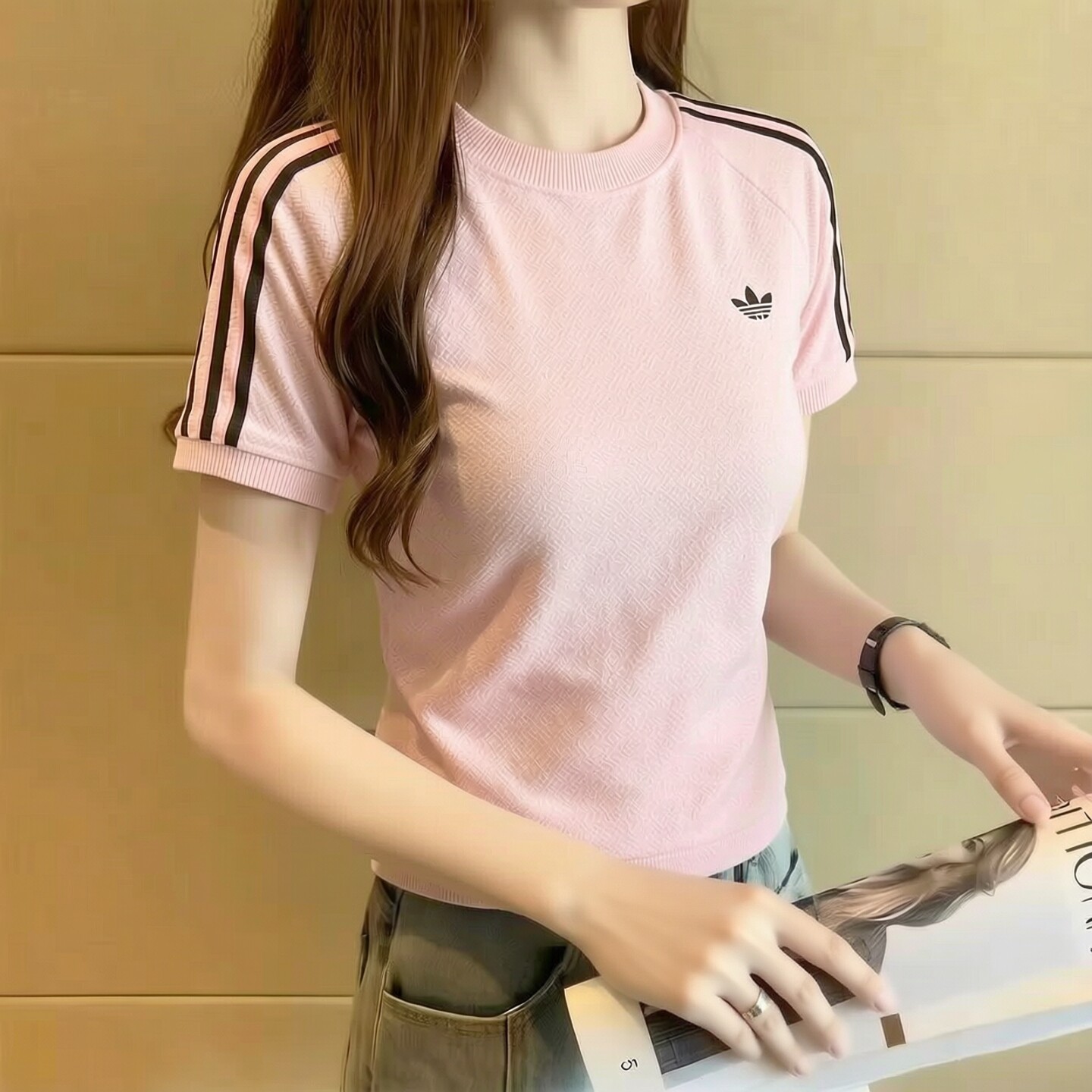 阿迪达斯三叶草女装短袖T恤26秋季棉质粉色修身跳舞运动服KD1410图片