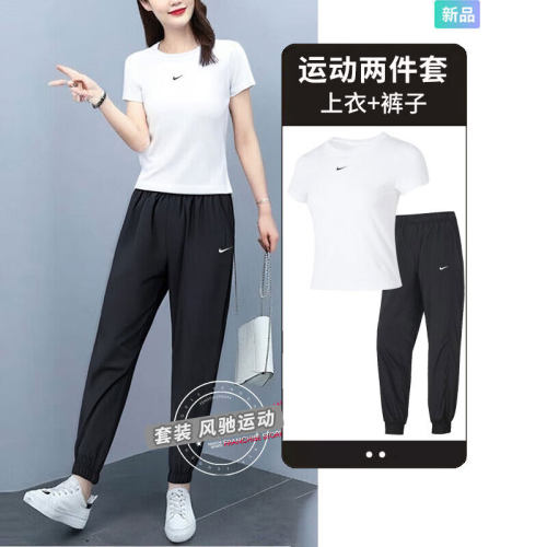 耐克女装运动套装白色短袖T恤收口长裤子跑步健身训练休闲体恤