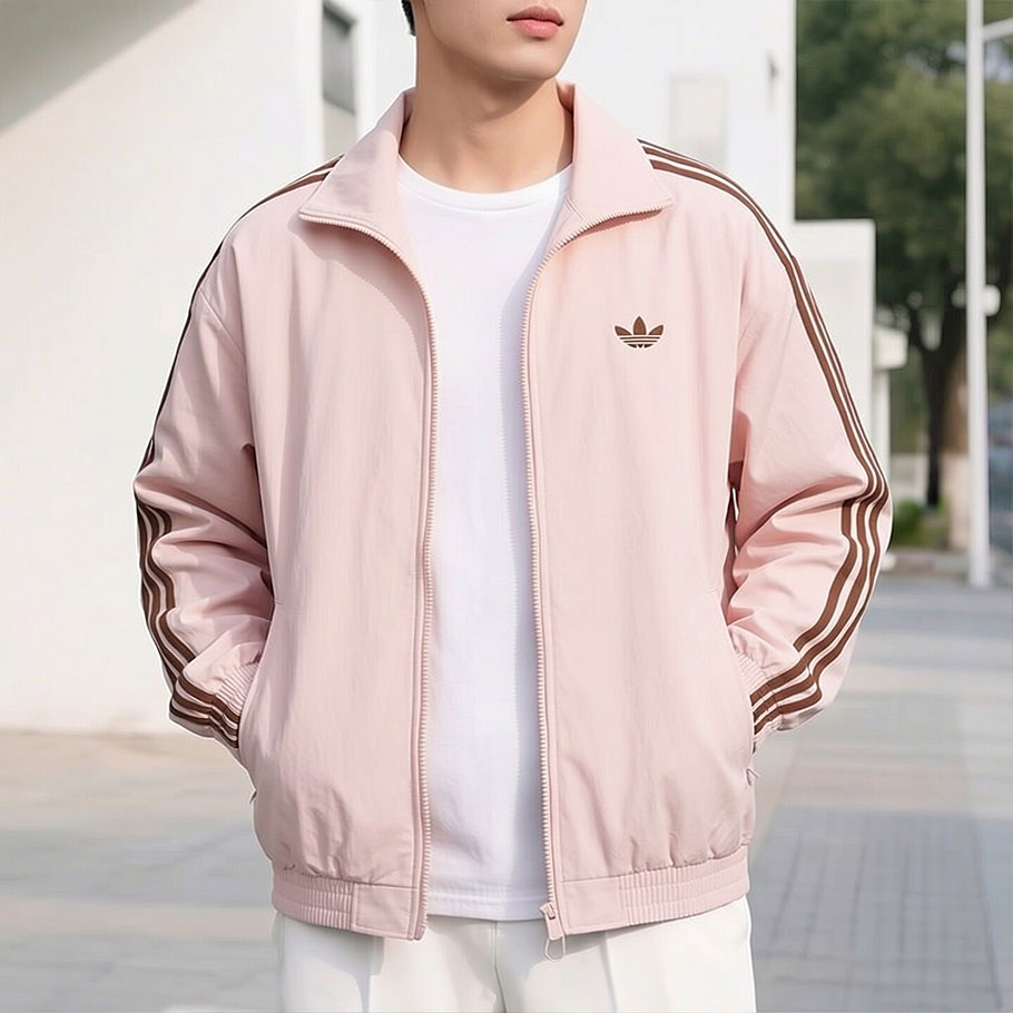 adidas阿迪达斯三叶草男装梭织夹克外套粉色26新款运动服女KQ9497