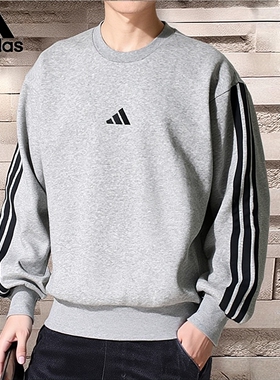 阿迪达斯加绒圆领卫衣男2025冬季保暖运动服宽松灰色套头衫JE6308