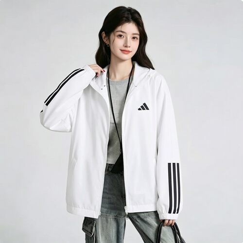 阿迪达斯女装白色梭织连帽外套2026秋季新款健身跑步运动服KC7655