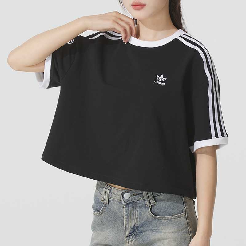 2025冬季新款阿迪达斯三叶草女装短款运动短袖透气休闲上衣JC8149