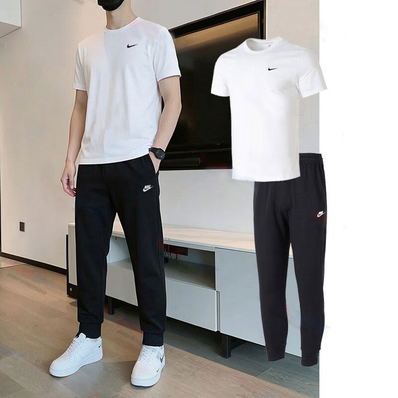 NIKE耐克男装运动套装健身训练服短袖T恤收口长裤子跑步两件套