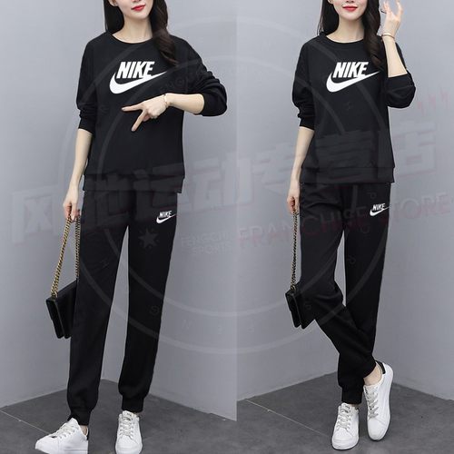 Nike耐克官方正品休闲运动套装两件套女长袖黑色宽松卫衣长裤套装