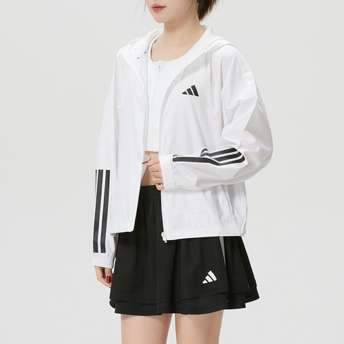 adidas阿迪达斯女梭织夹克外套26新款白色跑步连帽运动服KC7655