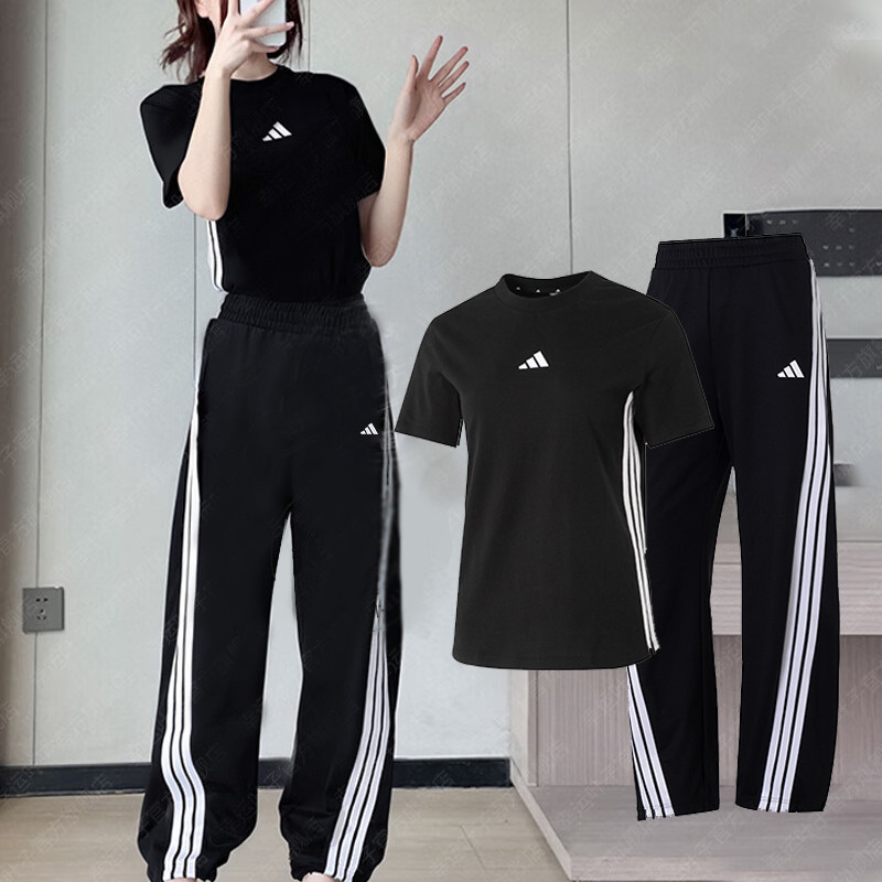 阿迪达斯女装黑色短袖长裤子2026春季运动套装休闲修身T恤直筒裤