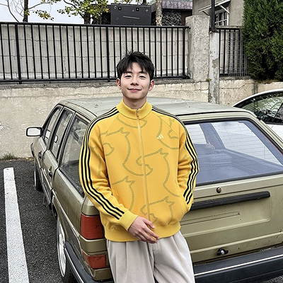 阿迪达斯男装26新年马年运动休闲针织外套黄色三条纹运动服KE4061