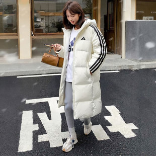 阿迪达斯长款羽绒服外套男女2025新款情侣连帽白色运动外套KC2497
