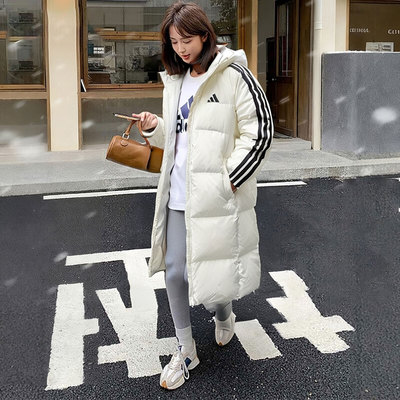 阿迪达斯长款羽绒服外套男女2025新款情侣连帽白色运动外套KC2497