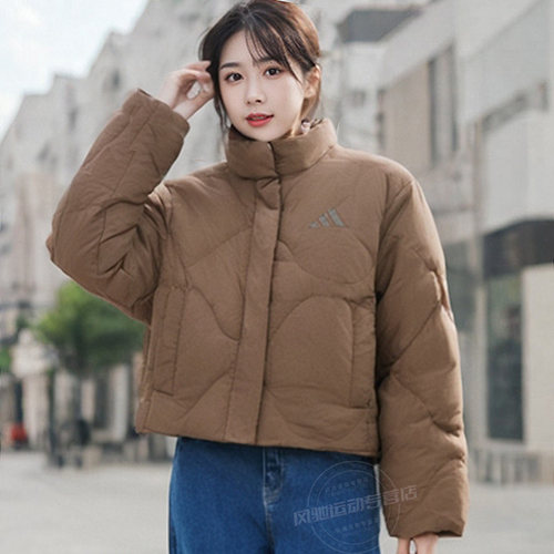阿迪达斯棕色短款立领羽