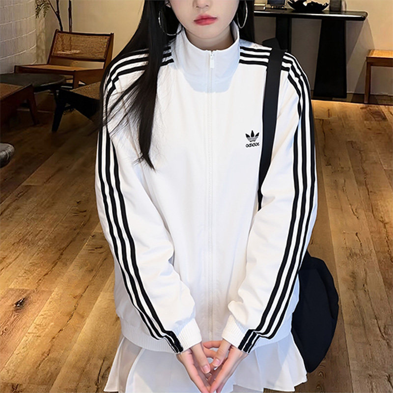 阿迪达斯三叶草外套女装白色梭织立领夹克26春季新款运动服JY1328
