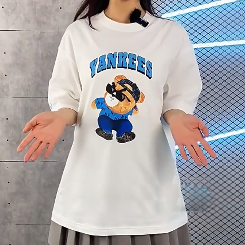 MLB美职棒男女短袖白T恤25冬季情侣运动服小熊印花半袖3ATSE0143