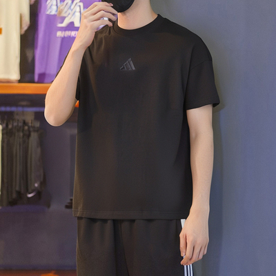 阿迪达斯男装黑色宽松短袖26春夏新款运动跑步透气圆领T恤JY8565