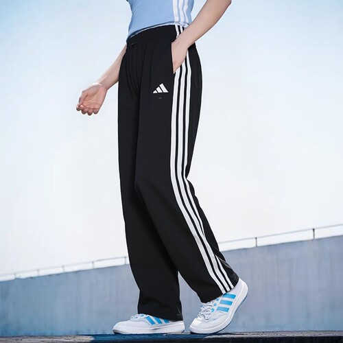 adidas阿迪达斯女裤梭织长裤26夏新款三条纹阔腿裤直筒长裤JE1306